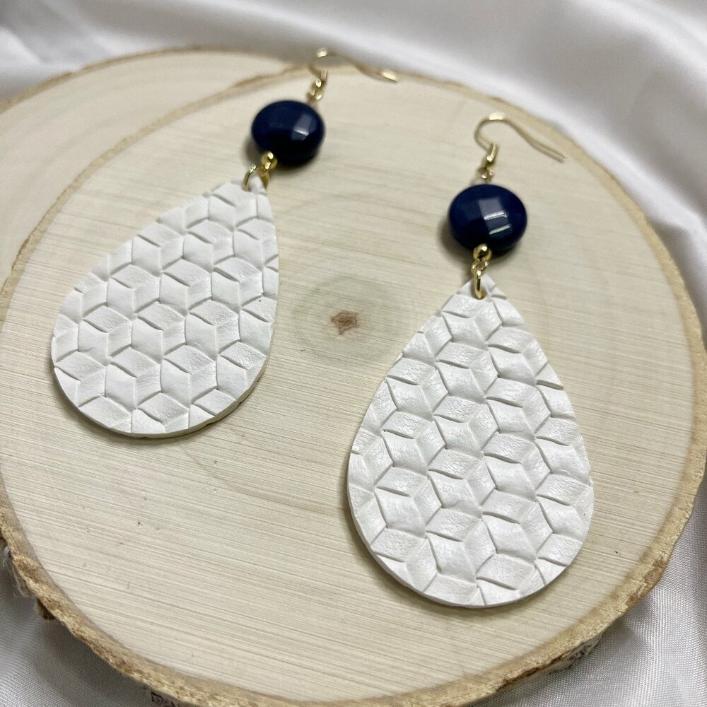 White Leather Teardrop Earrings with Blue Lapis Gemstone